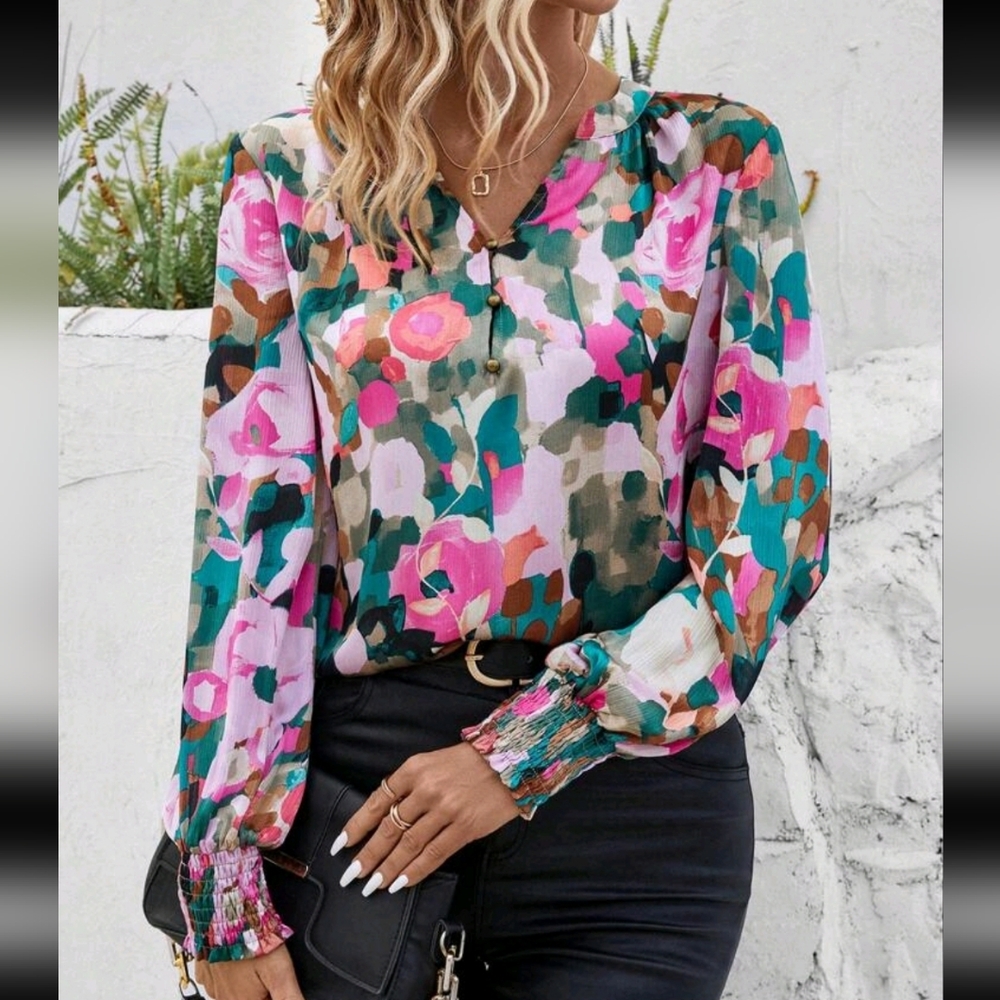 Vibrant Floral Blouse in Pink and Green With Notch Collar